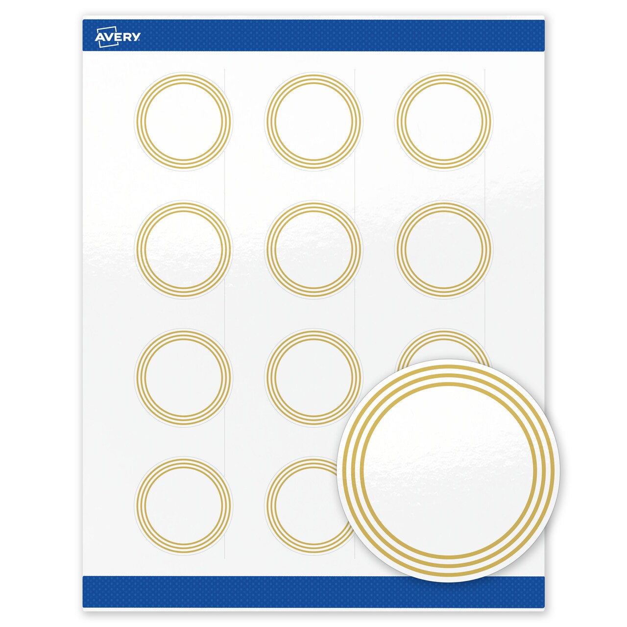 Avery Printable Round Labels with Sure Feed Technology, Multi-Lined Gold Border Design, 2" Diameter, Glossy White Permanent Labels, Laser/Inkjet, 120 Total, Great for Product Labels
